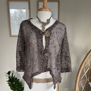 Nina Leonard Open Knit Bolero Cardigan With Statement Buttons • Size L in Mocha